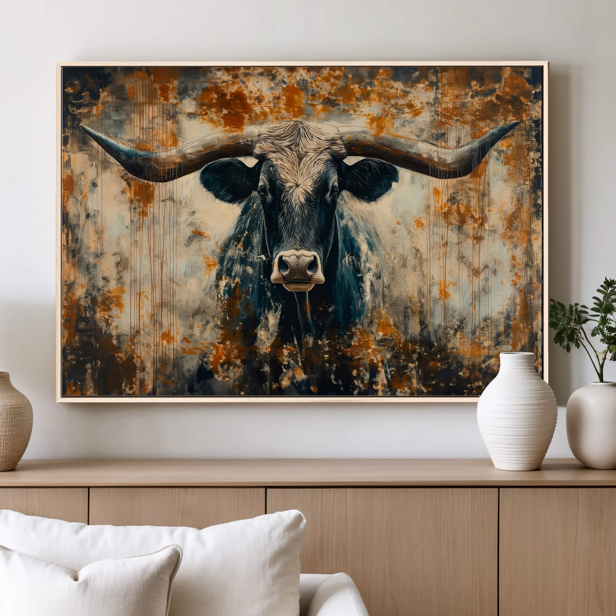 85913-MGV-CV-36X24-Abstract Longhorn Bull Wall Art | Rustic Western Wall Decor | Framed and Ready to Hang | Ideal for Farmhouse, Lodge, and Barn Decor