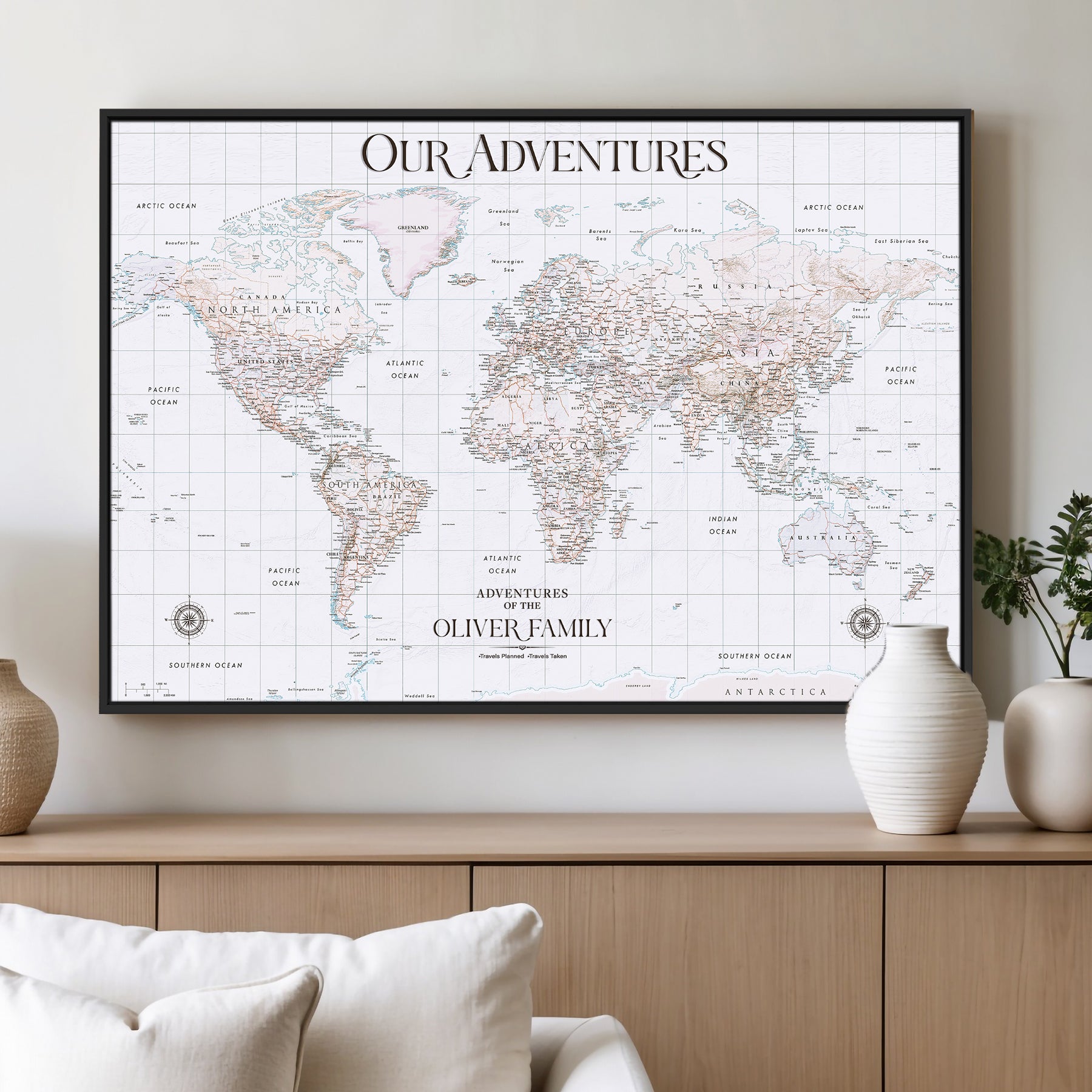 40041157-MGV-CV-36X24-Custom Push Pin World Map Wall Canvas Print – Personalized Travel Tracker with Pins – Framed Large Multi-Size Canvas for Home Office Decor
