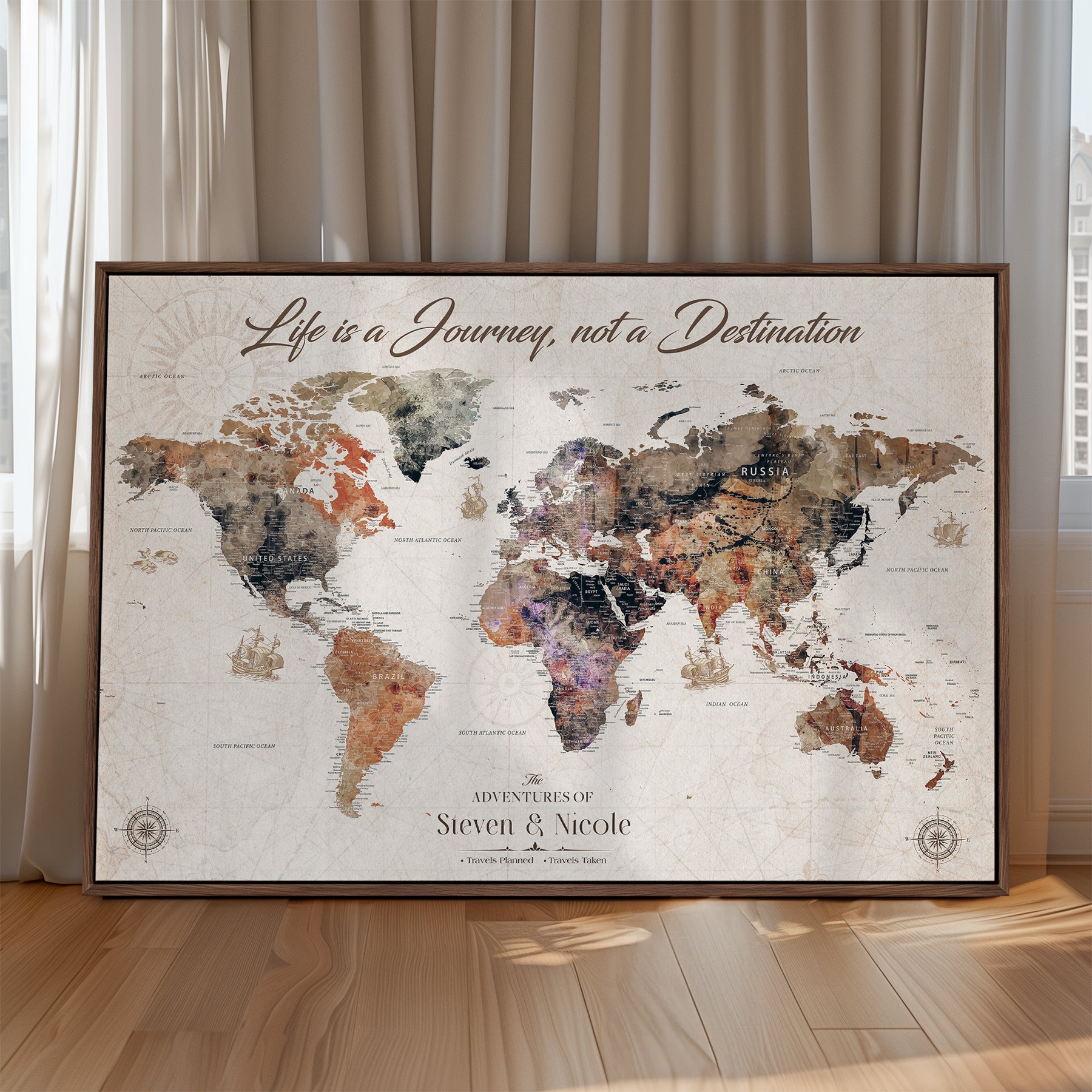 96000140-MGV-CV-36X24-Custom Push Pin World Map Wall Canvas Print – Personalized Travel Tracker with Pins – Framed Large Multi-Size Canvas for Home Office Decor