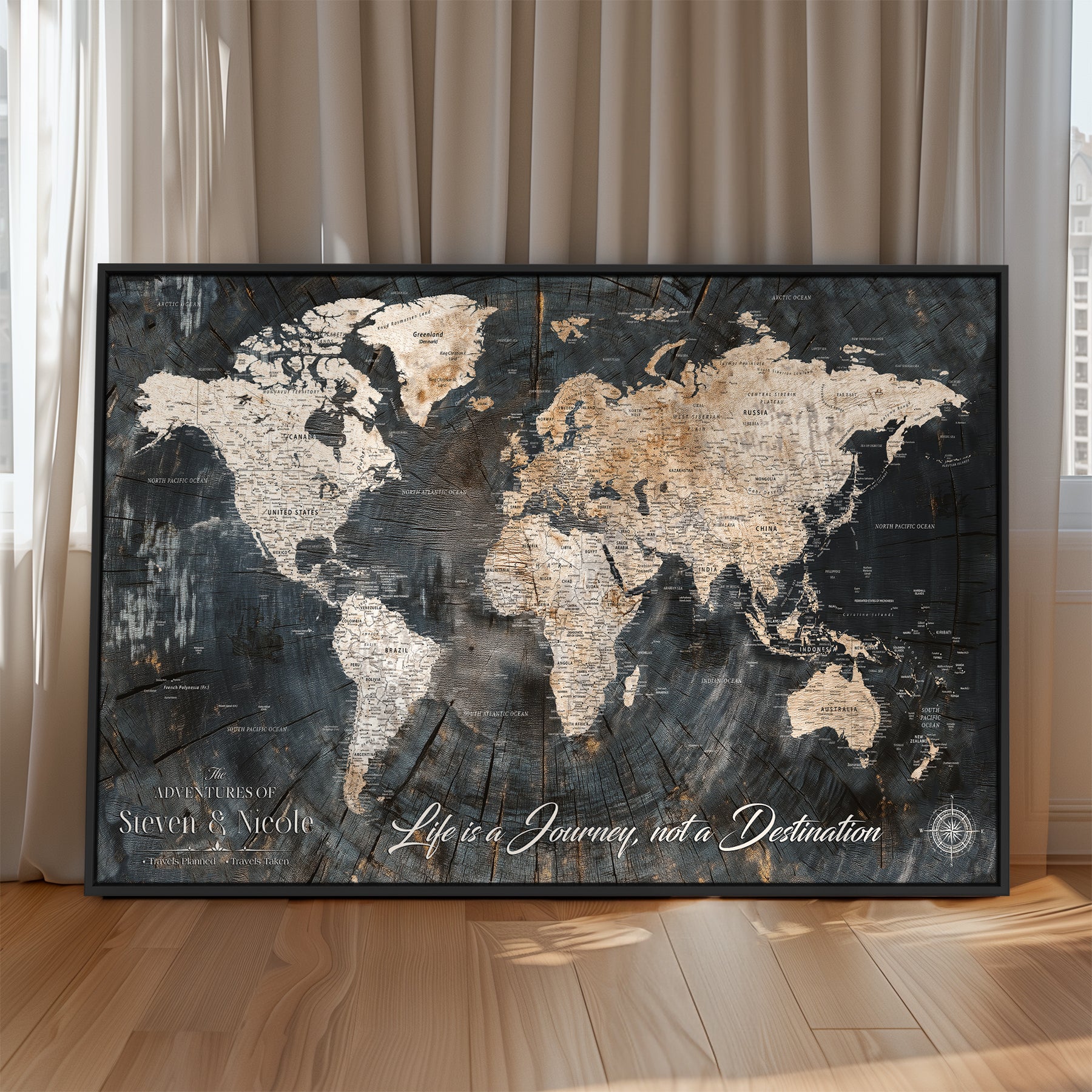 13001721-MGV-CV-36X24-Custom Push Pin World Map Wall Canvas Print – Personalized Travel Tracker with Pins – Framed Large Multi-Size Canvas for Home Office Decor