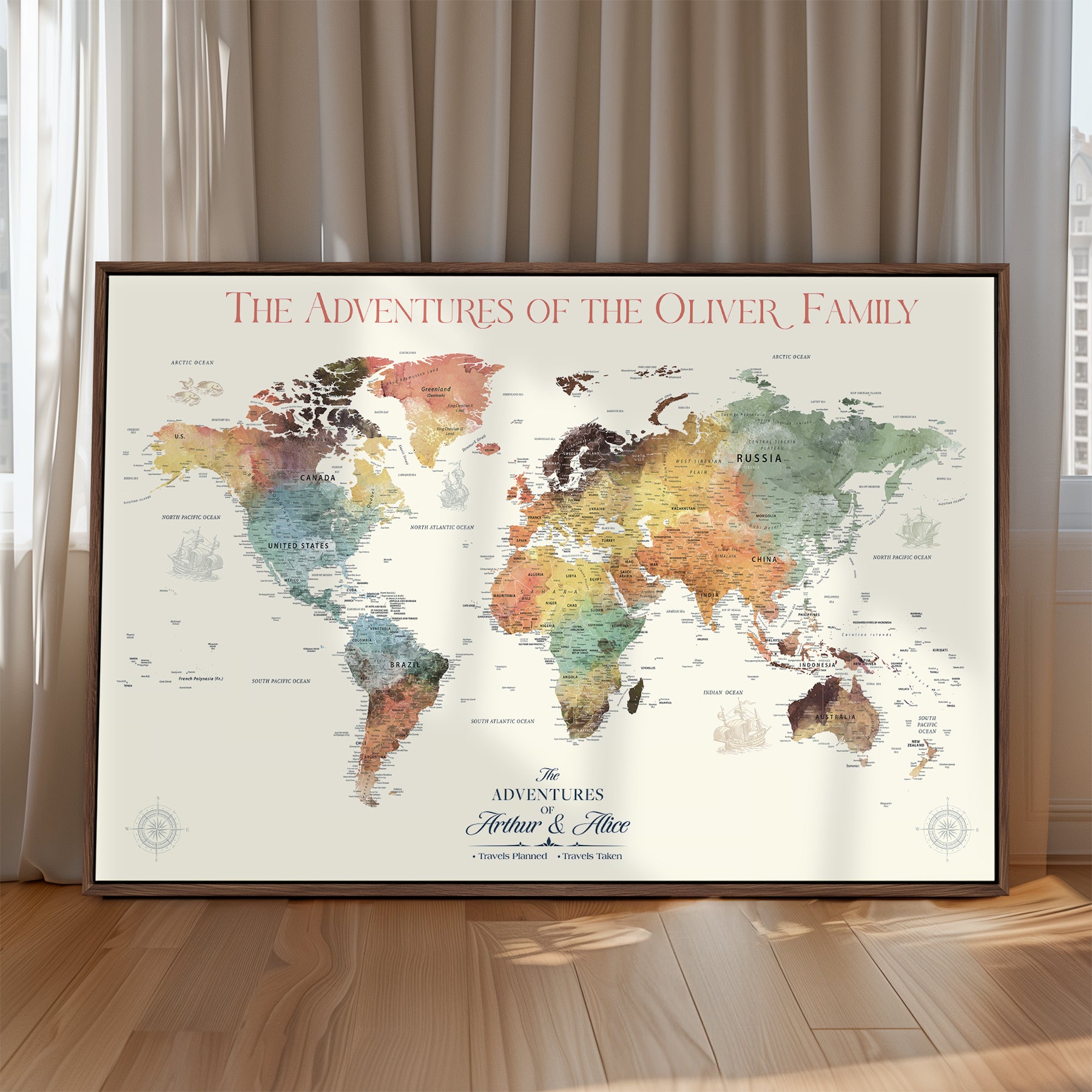 21888361-MGV-CV-36X24-Personalized World Map Wall Art Print – Custom Push Pin Travel Tracker Wall Art, Framed Gift for Couples, Anniversary, or Housewarming