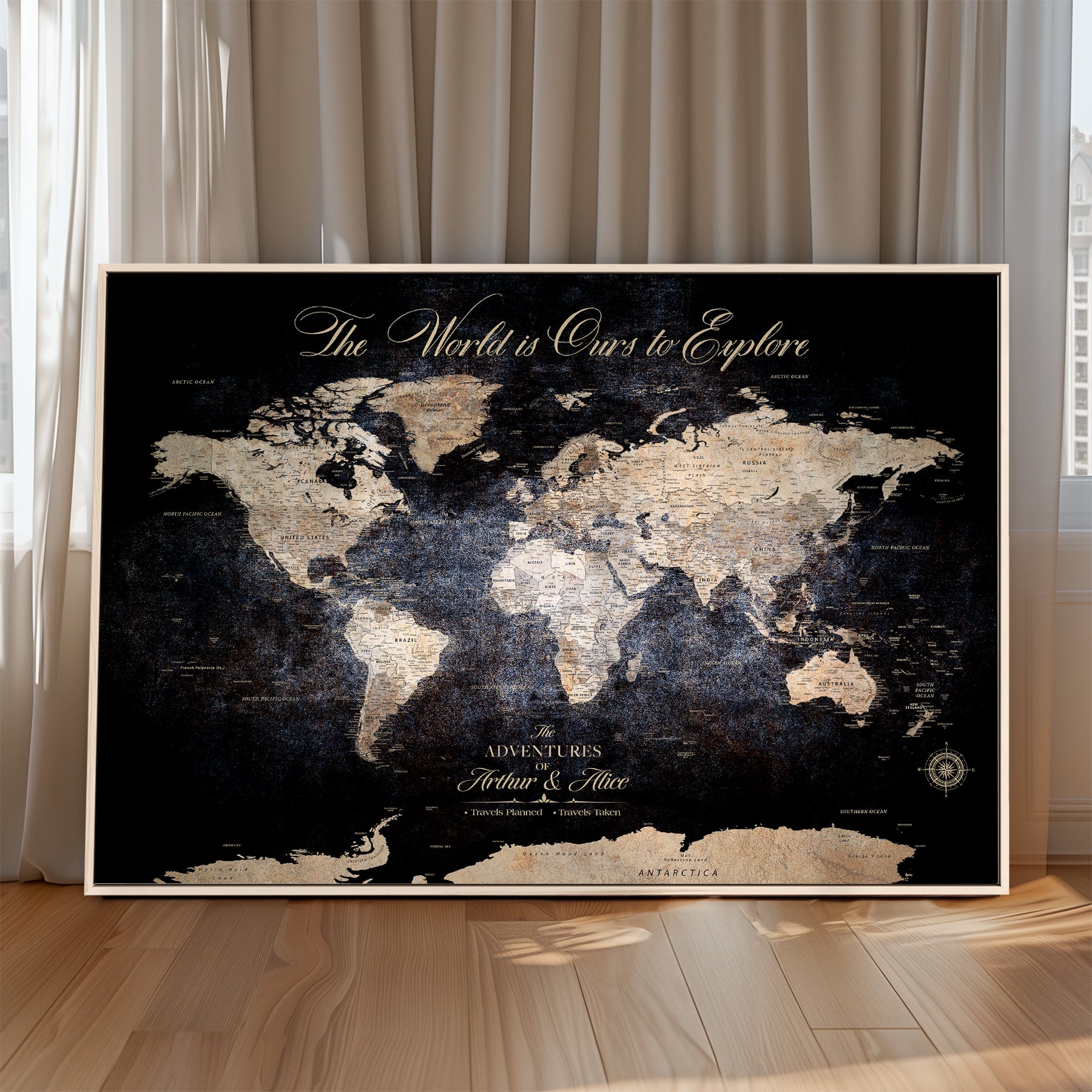 21010471-MGV-CV-36X24-Customize Push Pin World Map Wall Canvas Print, Personalized Travel Tracker with Pins, Framed Large Canvas for Home Office Decor - H37