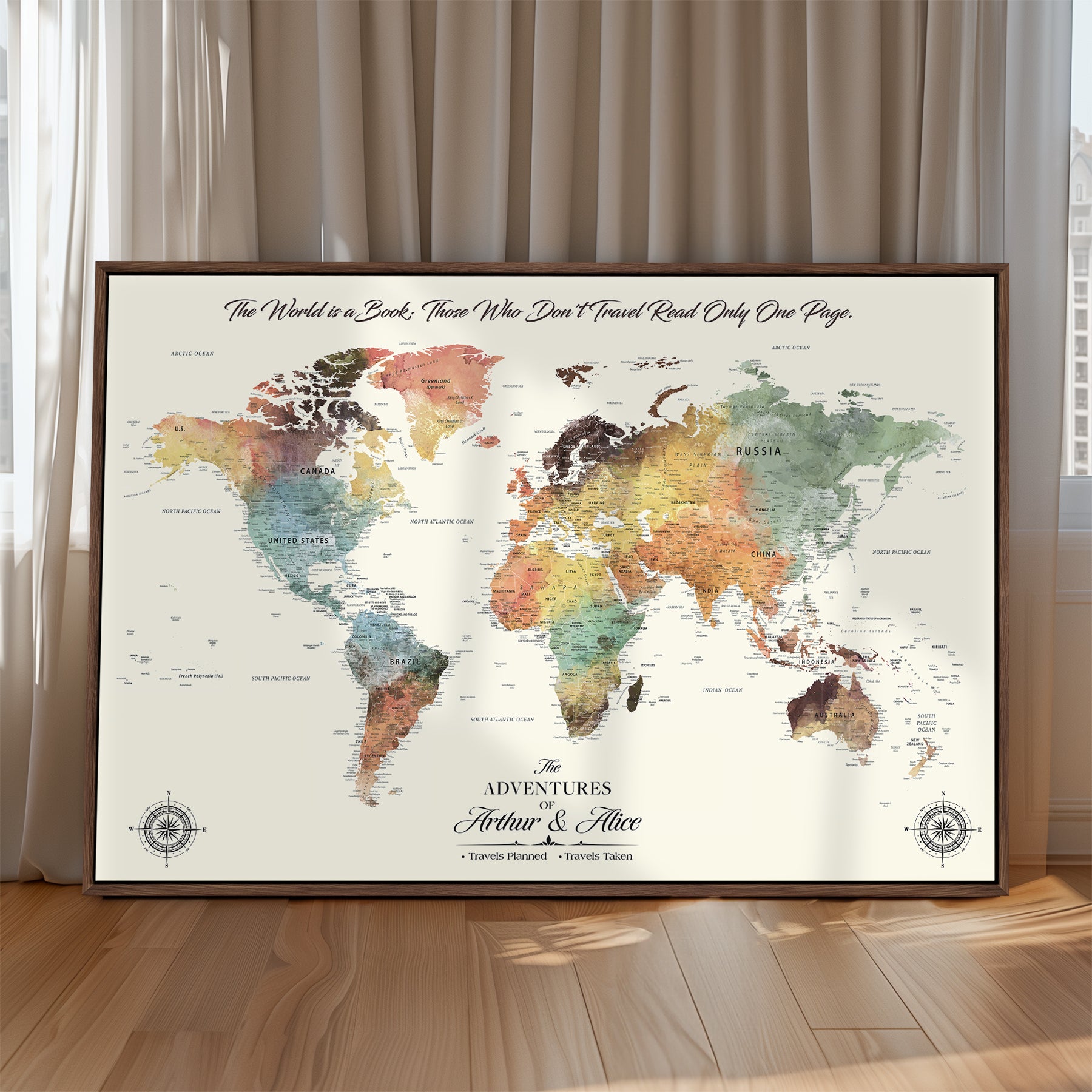 40183091-MGV-CV-36X24-Custom Framed World Map Canvas Print – Personalized Push Pin Travel Tracker Gift for Couples, Weddings, or Anniversary Celebrations
