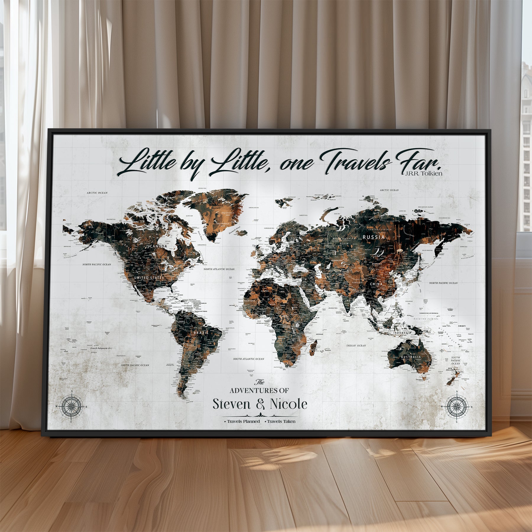 89231588-MGV-CV-36X24-Custom Push Pin World Map Wall Canvas Print – Personalized Travel Tracker with Pins – Framed Large Multi-Size Canvas for Home Office Decor
