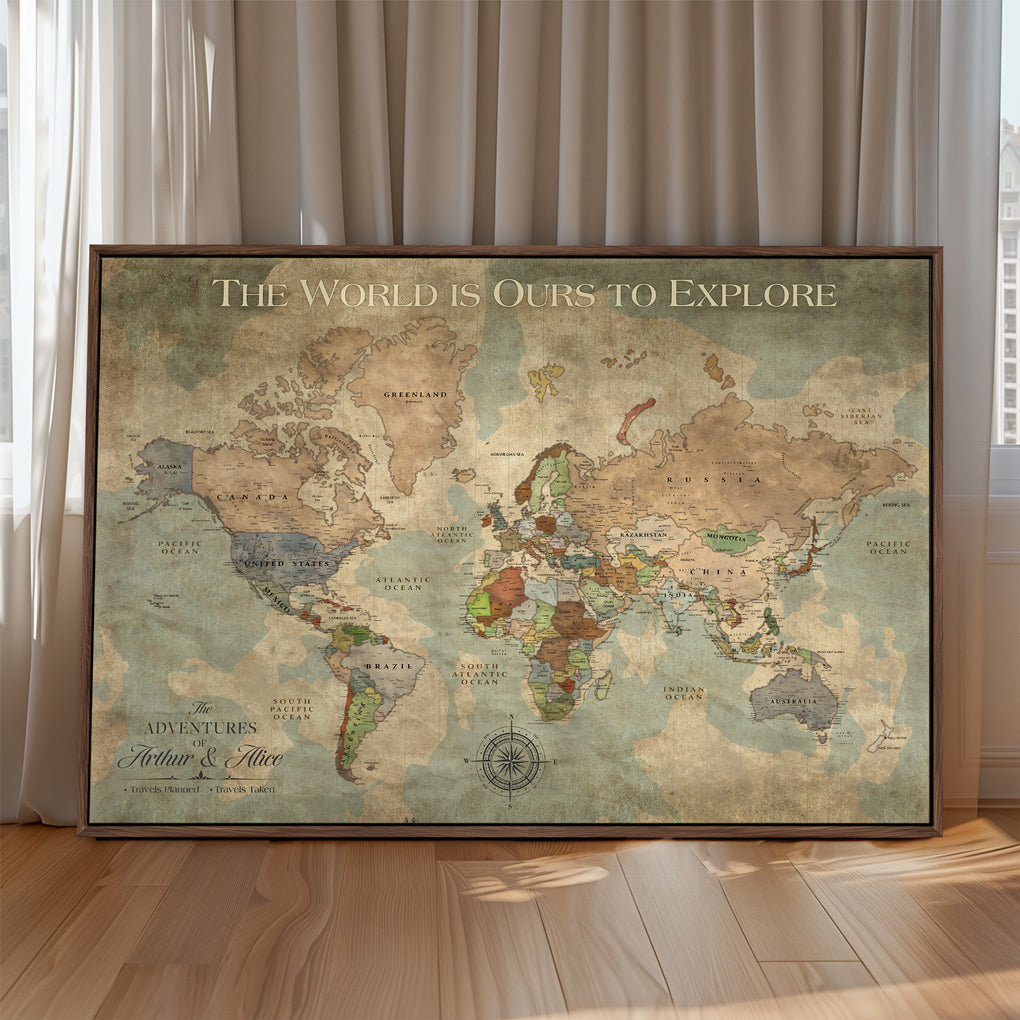 36424712-MGV-CV-36X24-Custom Push Pin World Map Print – Personalized Canvas Wall Art for Travel Memories, Framed Gift for Couples, Anniversaries, or Weddings