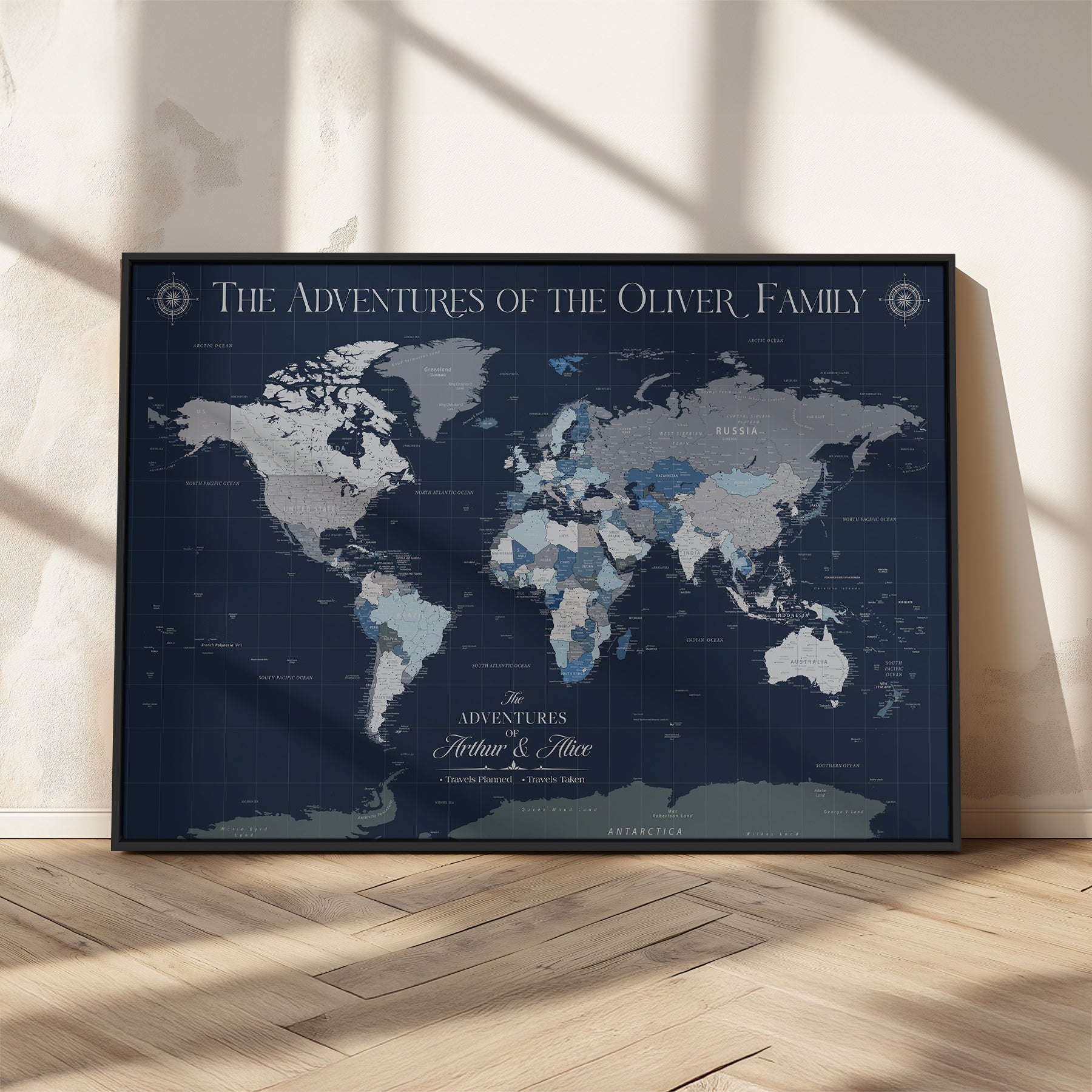 -Personalized Family Adventure World Map – Custom Framed Push Pin Travel Tracker Canvas, Elegant Wall Art for Home, Office