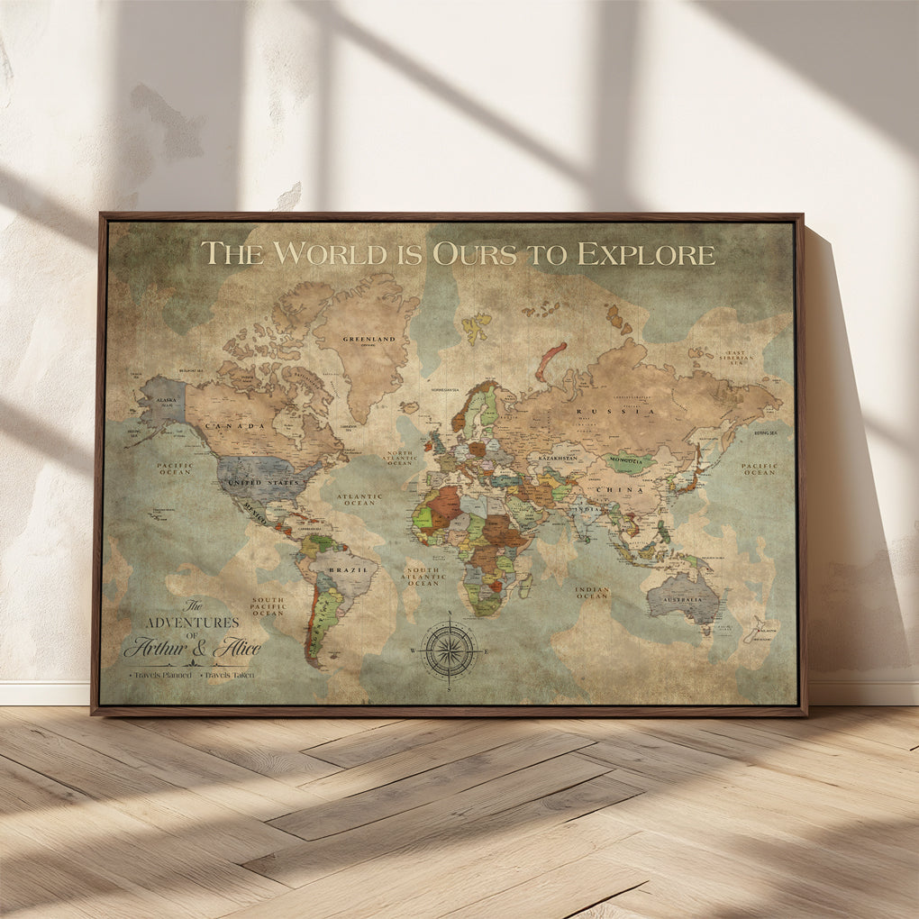 45566494-MGV-CV-36X24-Framed Personalized Push Pin World Map Custom Travel Wall Art Gift Anniversary Canvas for Home Decoration Adventure Collectors