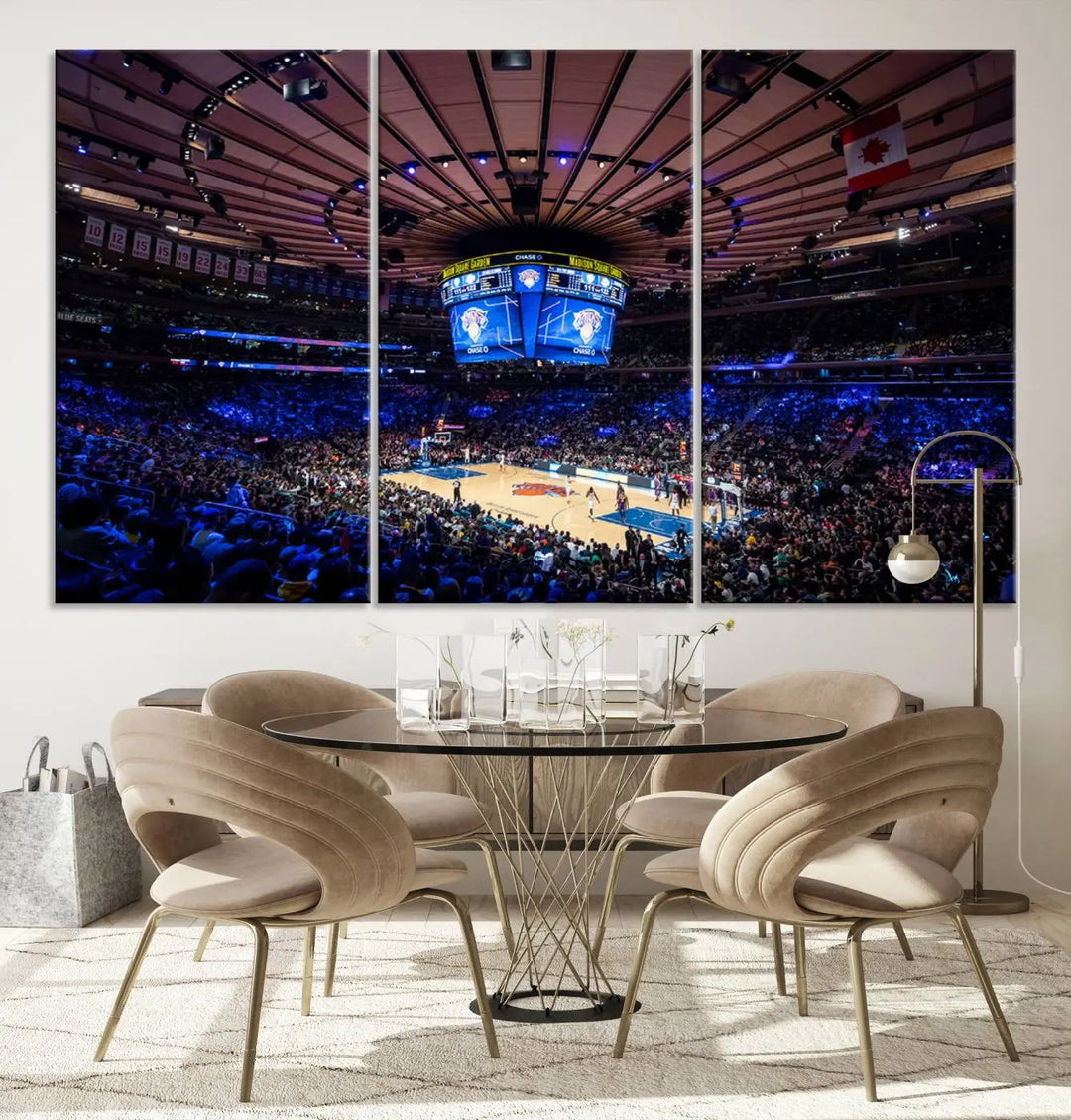 The Madison Square Garden Basketball Arena Print - Madison Square Garden Basketball Game Triple Canvas Wall Art exudes the vibrant energy of an NBA match.