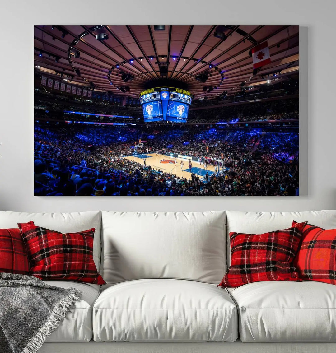 The Madison Square Garden Basketball Arena Print - Madison Square Garden Basketball Game Triple Canvas Wall Art exudes the vibrant energy of an NBA match.