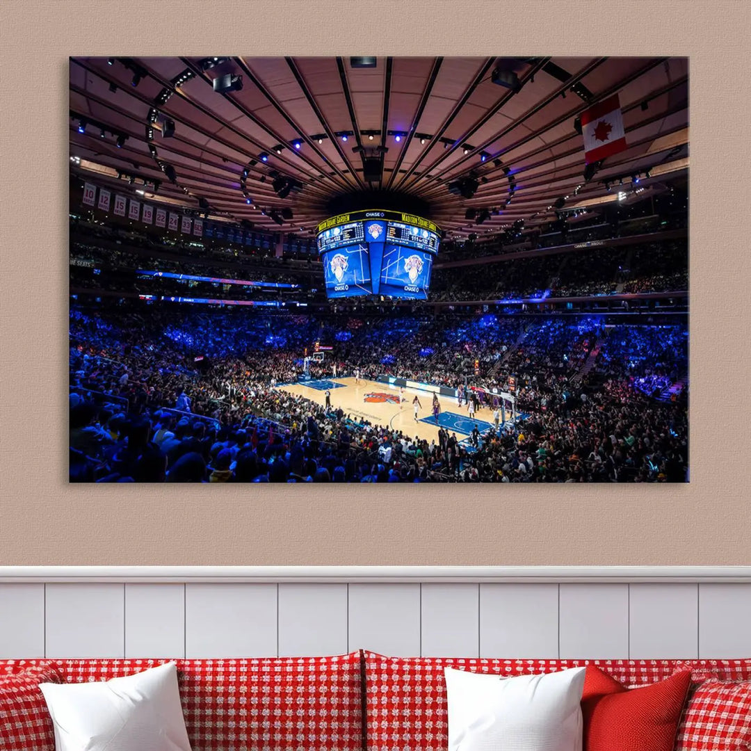 The Madison Square Garden Basketball Arena Print - Madison Square Garden Basketball Game Triple Canvas Wall Art exudes the vibrant energy of an NBA match.