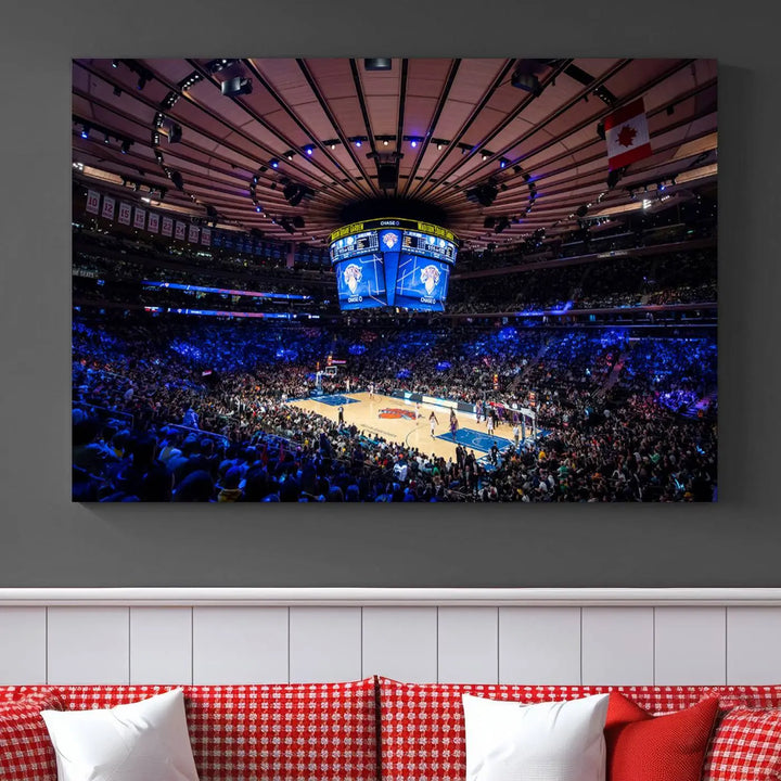 The Madison Square Garden Basketball Arena Print - Madison Square Garden Basketball Game Triple Canvas Wall Art exudes the vibrant energy of an NBA match.