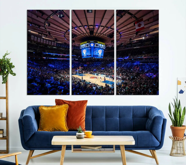 The Madison Square Garden Basketball Arena Print - Madison Square Garden Basketball Game Triple Canvas Wall Art exudes the vibrant energy of an NBA match.