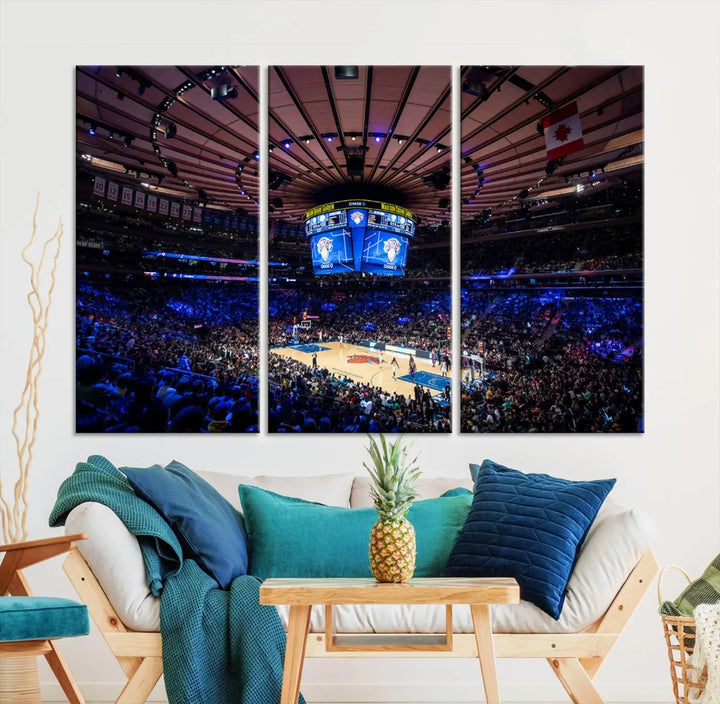 The Madison Square Garden Basketball Arena Print - Madison Square Garden Basketball Game Triple Canvas Wall Art exudes the vibrant energy of an NBA match.