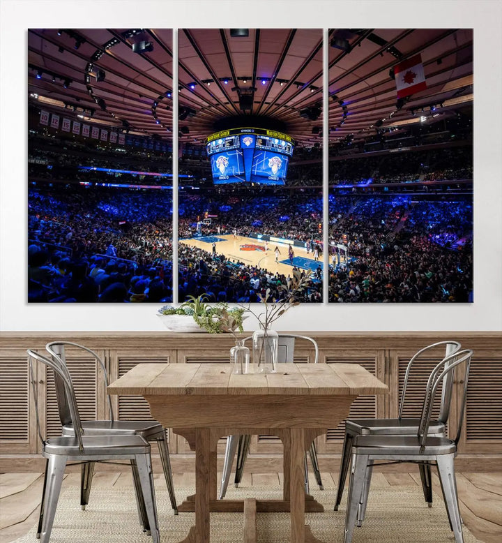 The Madison Square Garden Basketball Arena Print - Madison Square Garden Basketball Game Triple Canvas Wall Art exudes the vibrant energy of an NBA match.