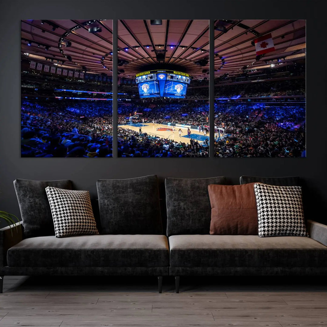 The Madison Square Garden Basketball Arena Print - Madison Square Garden Basketball Game Triple Canvas Wall Art exudes the vibrant energy of an NBA match.