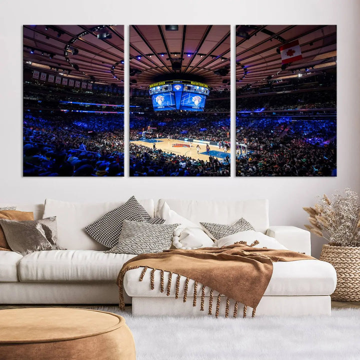 The Madison Square Garden Basketball Arena Print - Madison Square Garden Basketball Game Triple Canvas Wall Art exudes the vibrant energy of an NBA match.