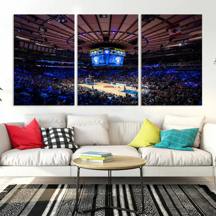 The Madison Square Garden Basketball Arena Print - Madison Square Garden Basketball Game Triple Canvas Wall Art exudes the vibrant energy of an NBA match.