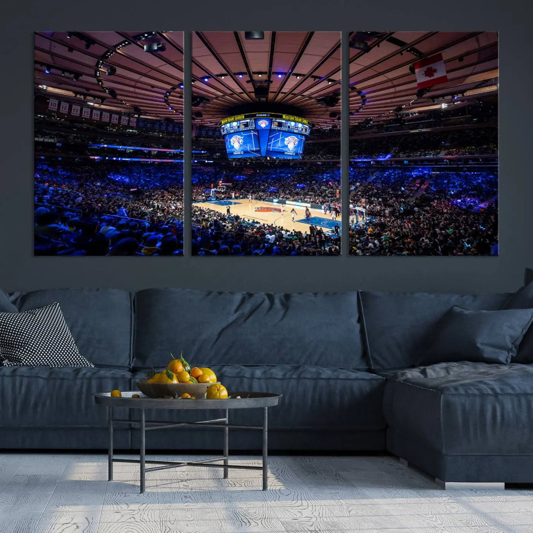 The Madison Square Garden Basketball Arena Print - Madison Square Garden Basketball Game Triple Canvas Wall Art exudes the vibrant energy of an NBA match.