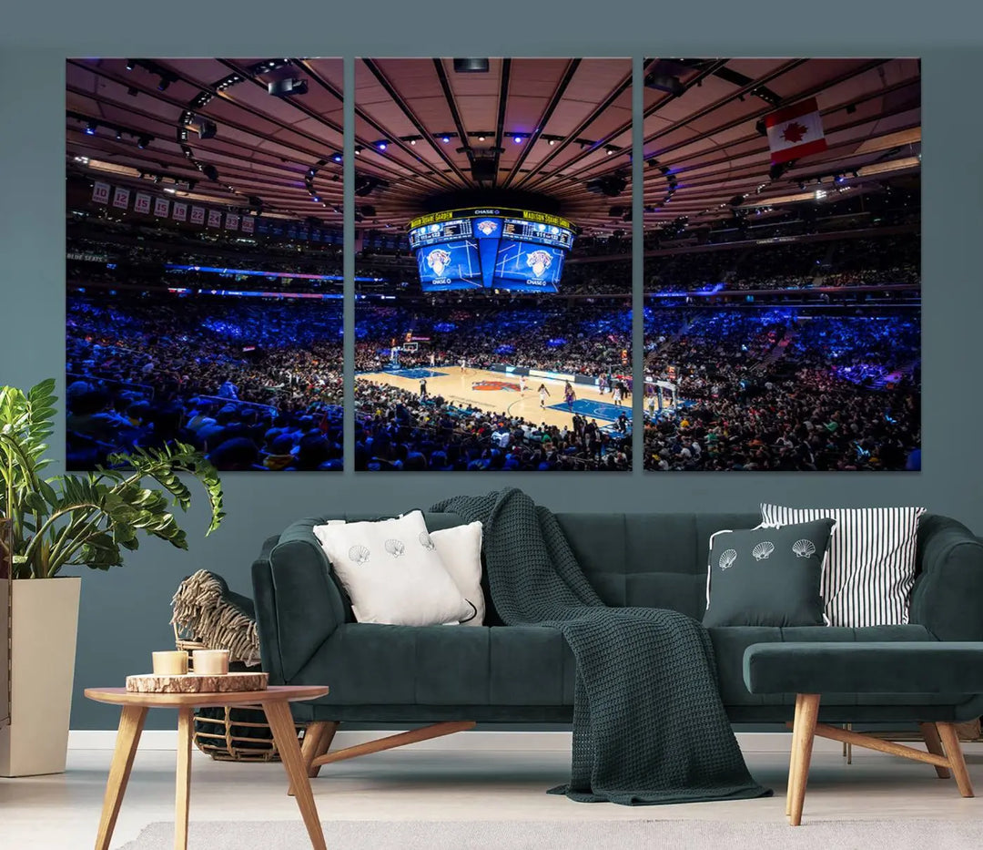 The Madison Square Garden Basketball Arena Print - Madison Square Garden Basketball Game Triple Canvas Wall Art exudes the vibrant energy of an NBA match.