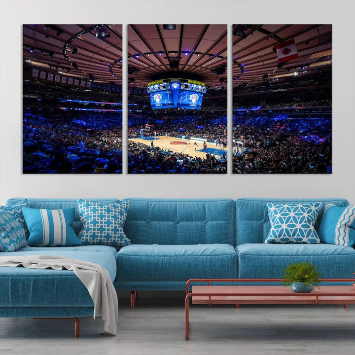 The Madison Square Garden Basketball Arena Print - Madison Square Garden Basketball Game Triple Canvas Wall Art exudes the vibrant energy of an NBA match.