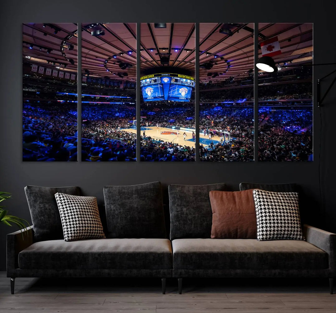 The Madison Square Garden Basketball Arena Print - Madison Square Garden Basketball Game Triple Canvas Wall Art exudes the vibrant energy of an NBA match.