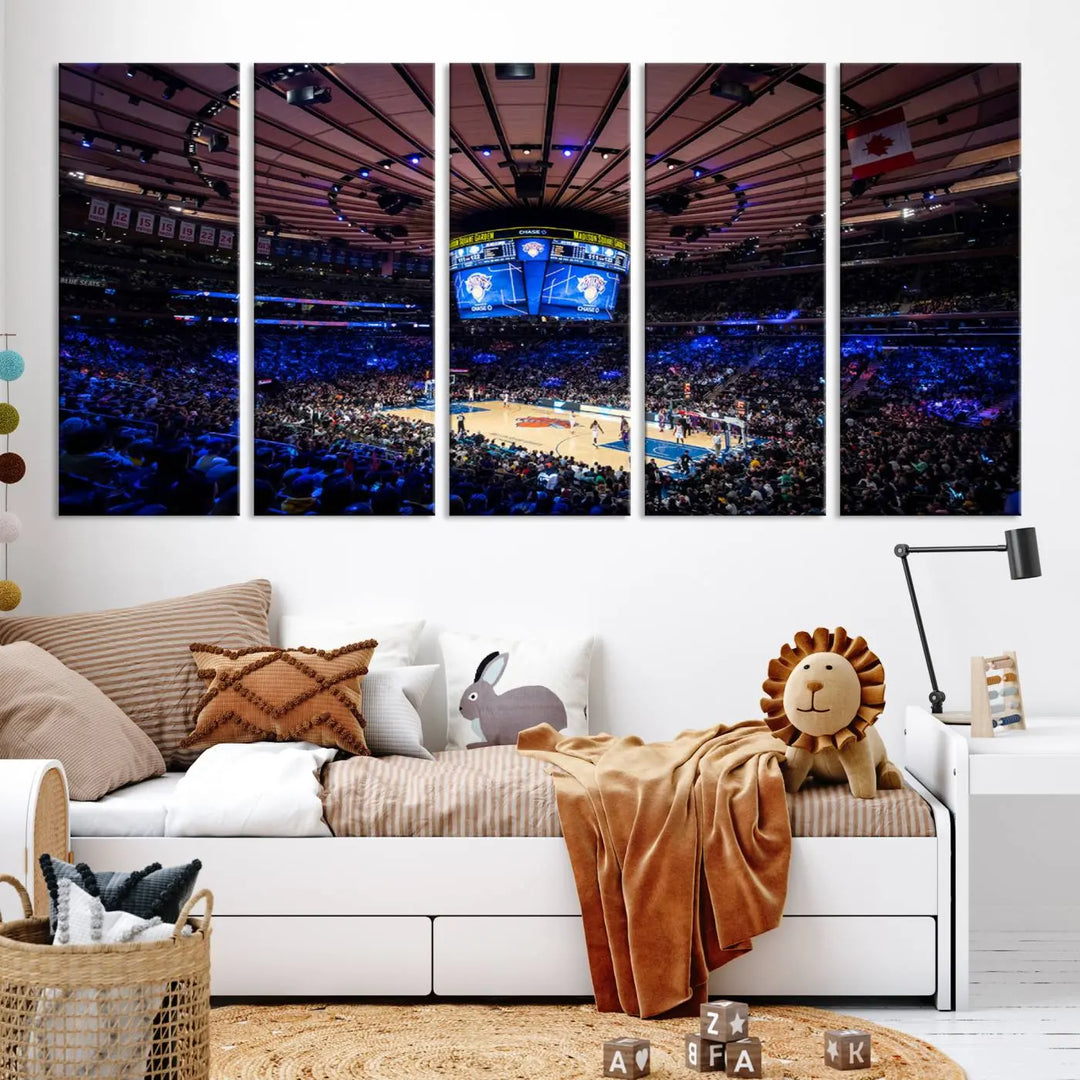 The Madison Square Garden Basketball Arena Print - Madison Square Garden Basketball Game Triple Canvas Wall Art exudes the vibrant energy of an NBA match.