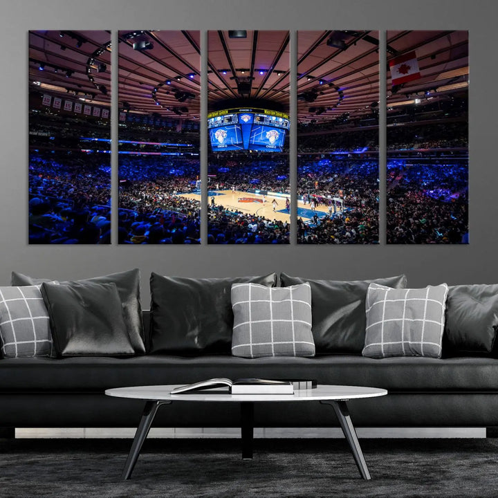 The Madison Square Garden Basketball Arena Print - Madison Square Garden Basketball Game Triple Canvas Wall Art exudes the vibrant energy of an NBA match.