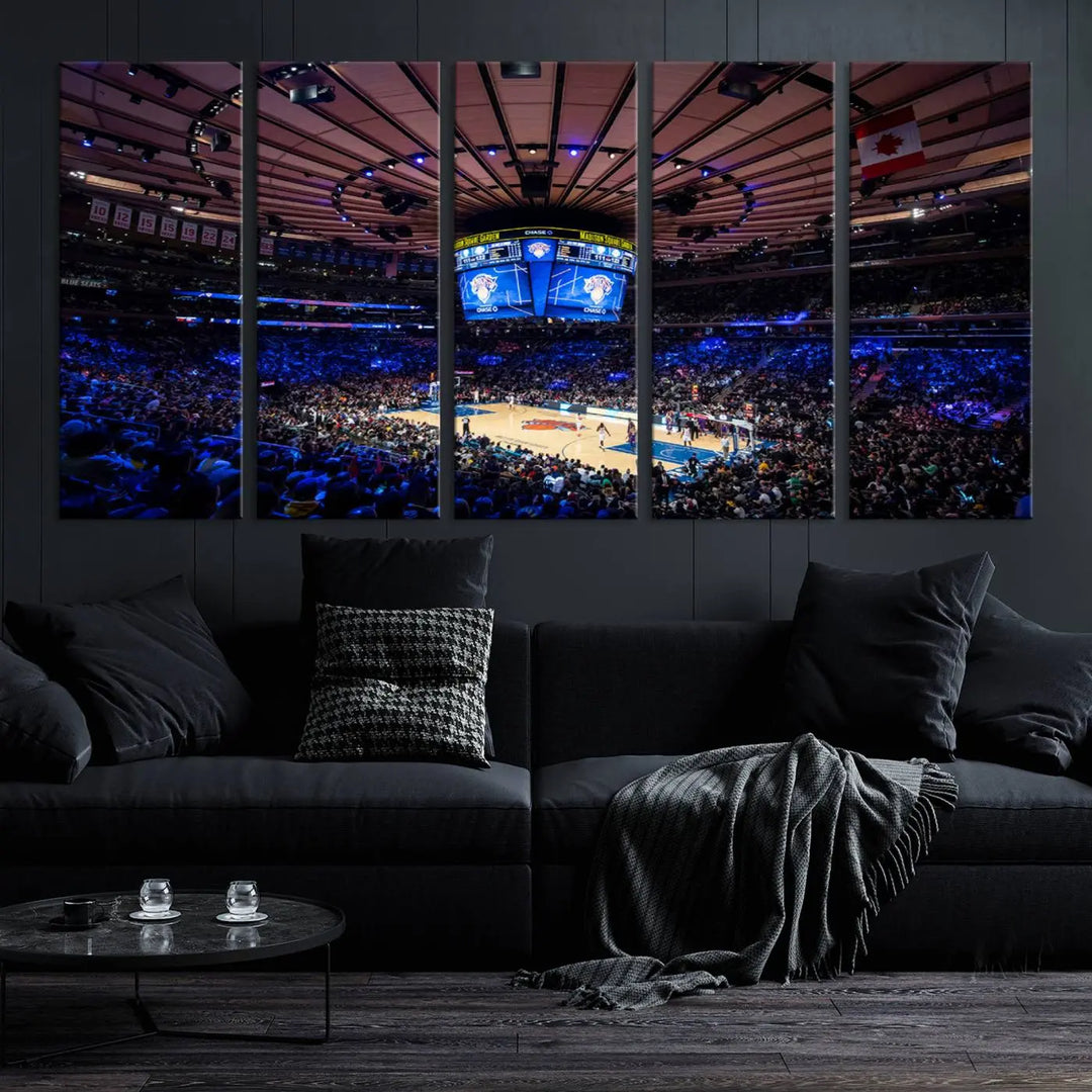 The Madison Square Garden Basketball Arena Print - Madison Square Garden Basketball Game Triple Canvas Wall Art exudes the vibrant energy of an NBA match.