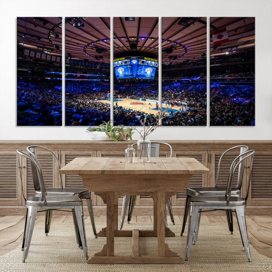 The Madison Square Garden Basketball Arena Print - Madison Square Garden Basketball Game Triple Canvas Wall Art exudes the vibrant energy of an NBA match.