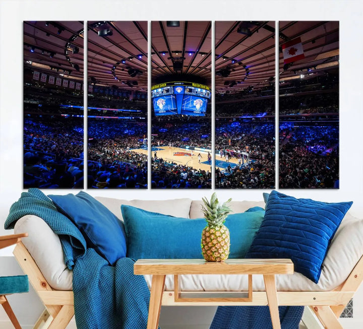 The Madison Square Garden Basketball Arena Print - Madison Square Garden Basketball Game Triple Canvas Wall Art exudes the vibrant energy of an NBA match.