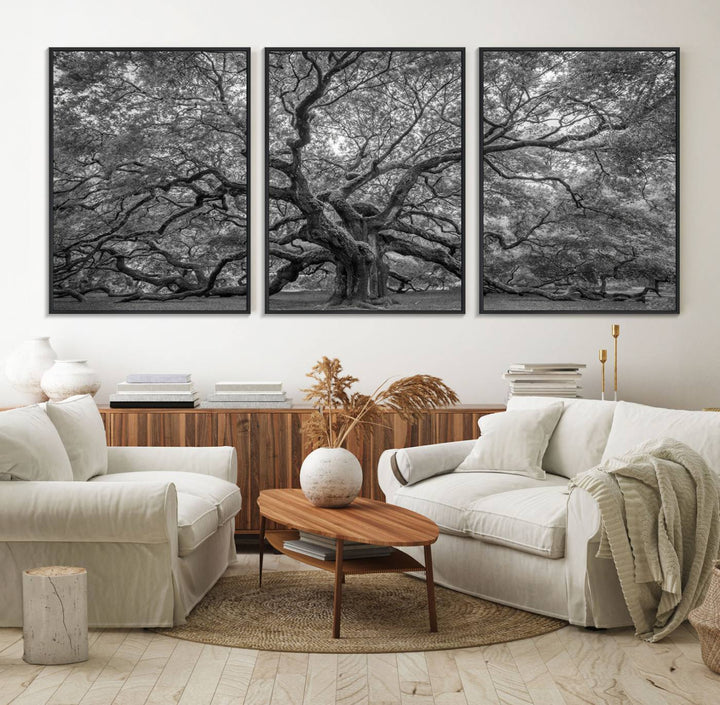 97240-MGV-FC-60X30-3P_Black-Majestic Angel Oak Tree Black and White Canvas Print – Multi Panel Wall Art, Giclée Print, Ready to Hang Nature Photography for Home Decor