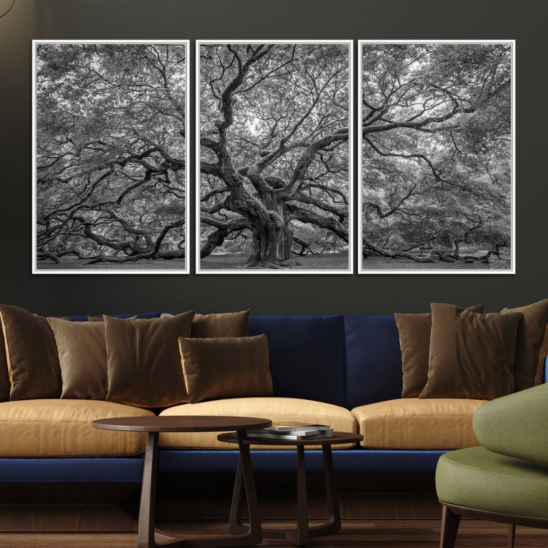 97240-MGV-FC-60X30-3P_White-Majestic Angel Oak Tree Black and White Canvas Print – Multi Panel Wall Art, Giclée Print, Ready to Hang Nature Photography for Home Decor