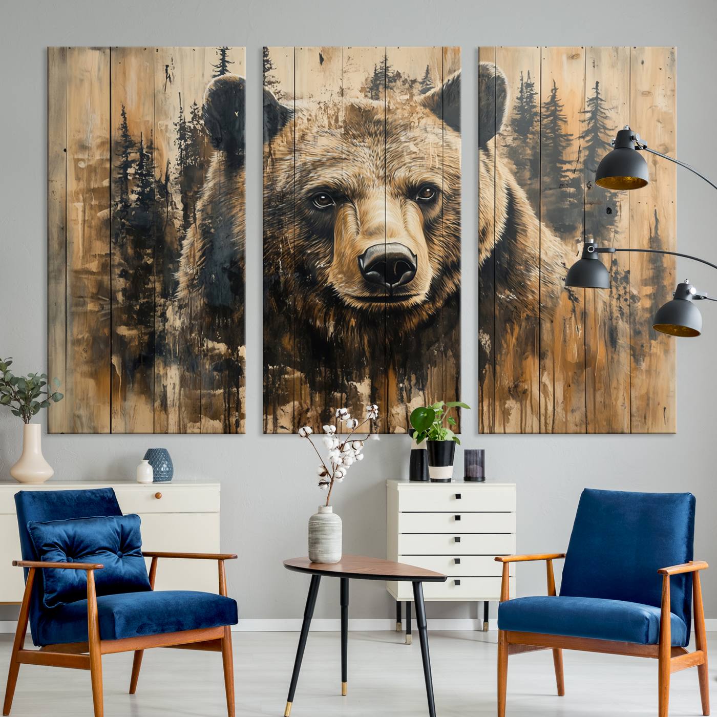 Majestic Grizzly 399 Bear Wall Art | 3-Panel Rustic Canvas Print for Living Room, Office, or Cabin Decor | Framed Giclee Canvas with