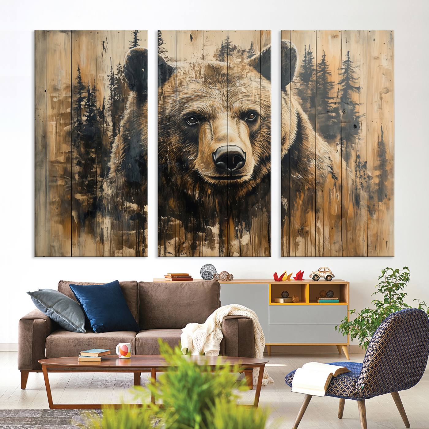 Majestic Grizzly 399 Bear Wall Art | 3-Panel Rustic Canvas Print for Living Room, Office, or Cabin Decor | Framed Giclee Canvas with