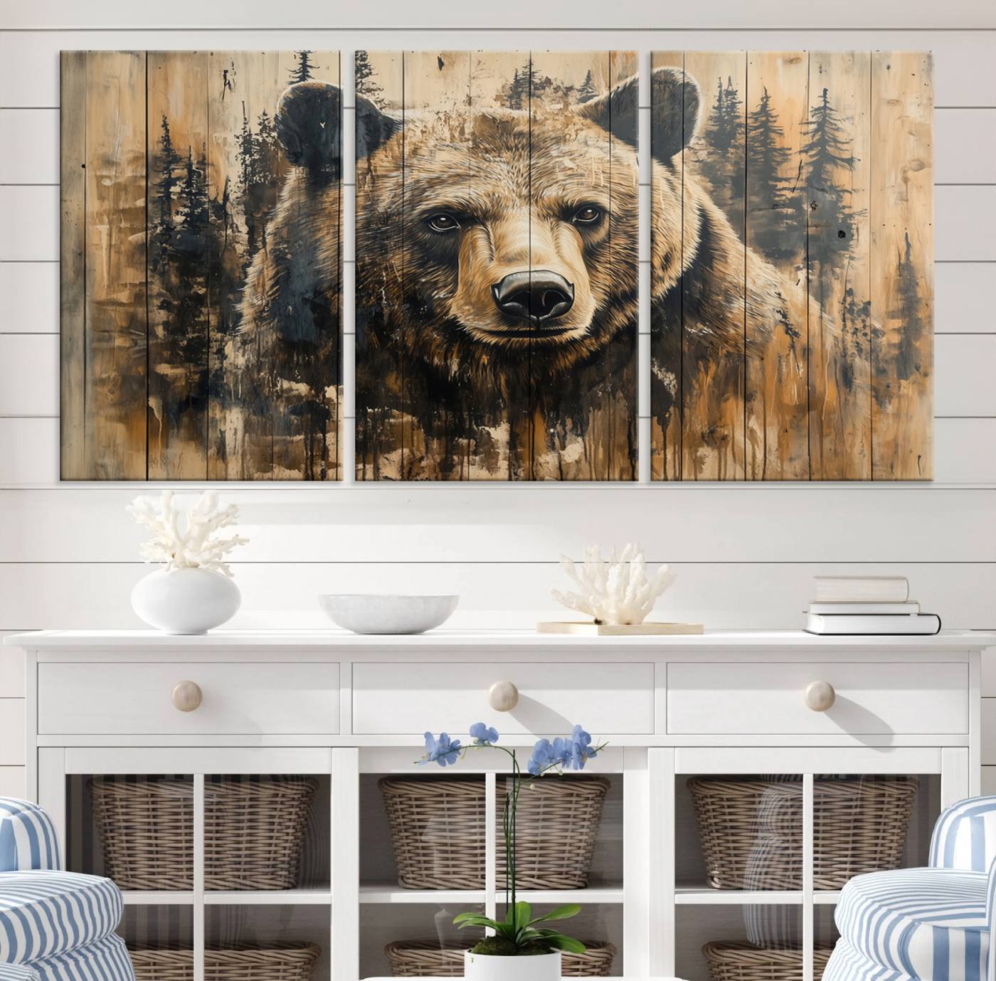 Majestic Grizzly 399 Bear Wall Art | 3-Panel Rustic Canvas Print for Living Room, Office, or Cabin Decor | Framed Giclee Canvas with