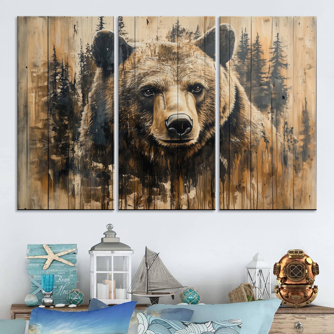 Majestic Grizzly 399 Bear Wall Art | 3-Panel Rustic Canvas Print for Living Room, Office, or Cabin Decor | Framed Giclee Canvas with