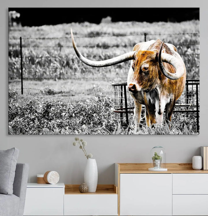 Highlighted by a striking Majestic Texas Longhorn Cow Wall Art, this rustic farmhouse décor piece adds a bold flair to the walls. Presented as a ready-to-hang canvas print, it enhances the space with its distinctive style.