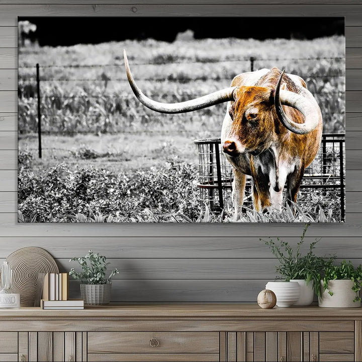 Highlighted by a striking Majestic Texas Longhorn Cow Wall Art, this rustic farmhouse décor piece adds a bold flair to the walls. Presented as a ready-to-hang canvas print, it enhances the space with its distinctive style.