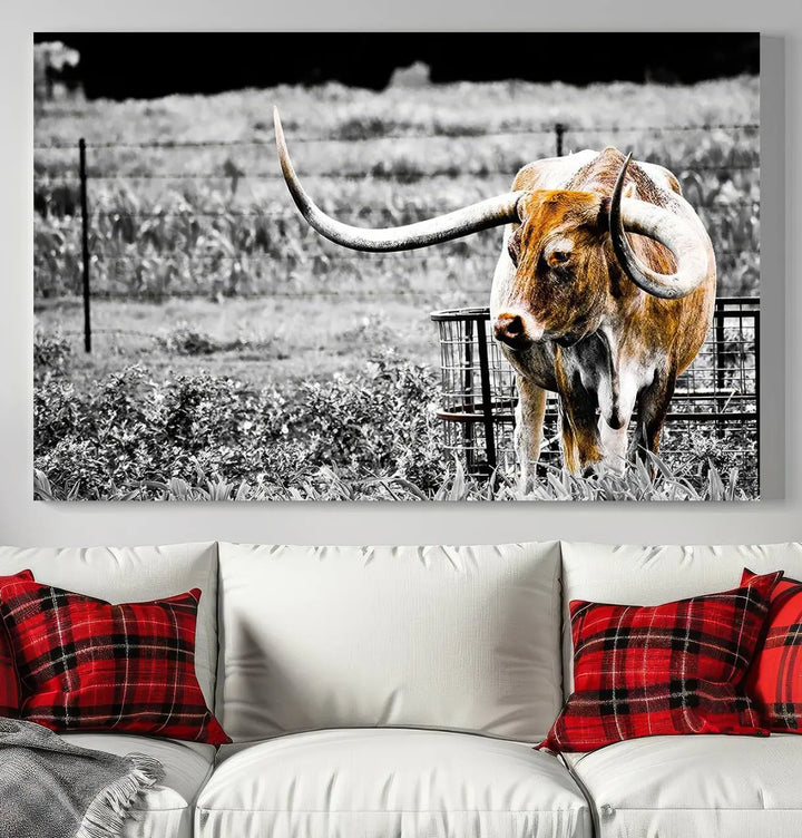 Highlighted by a striking Majestic Texas Longhorn Cow Wall Art, this rustic farmhouse décor piece adds a bold flair to the walls. Presented as a ready-to-hang canvas print, it enhances the space with its distinctive style.