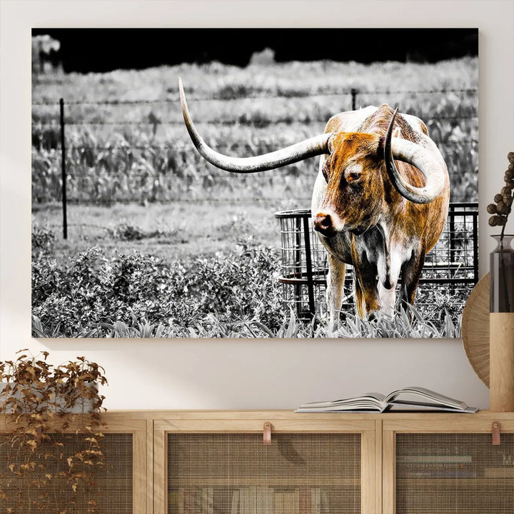 Highlighted by a striking Majestic Texas Longhorn Cow Wall Art, this rustic farmhouse décor piece adds a bold flair to the walls. Presented as a ready-to-hang canvas print, it enhances the space with its distinctive style.