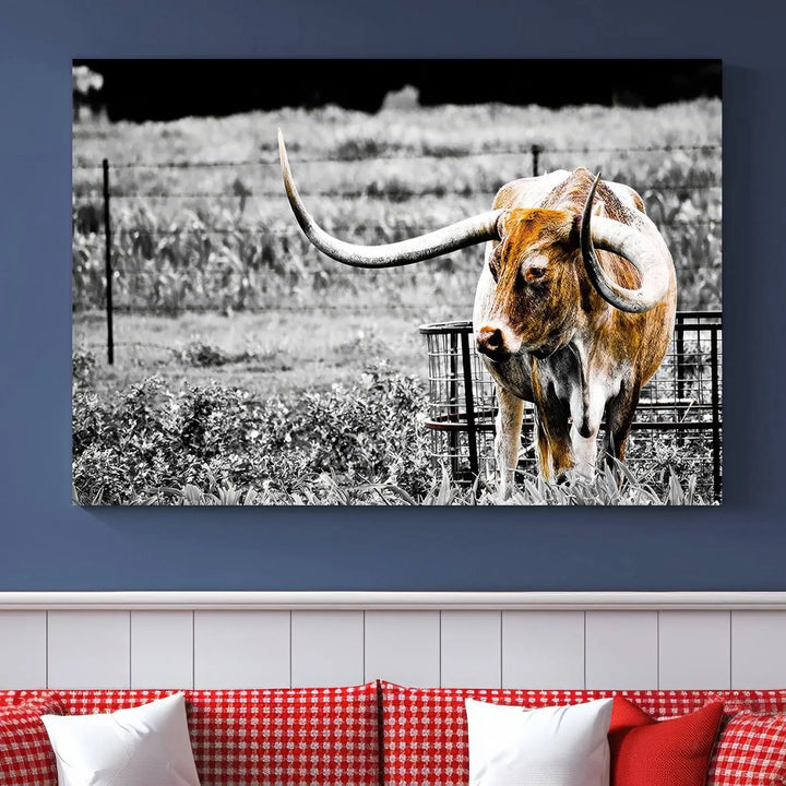 Highlighted by a striking Majestic Texas Longhorn Cow Wall Art, this rustic farmhouse décor piece adds a bold flair to the walls. Presented as a ready-to-hang canvas print, it enhances the space with its distinctive style.