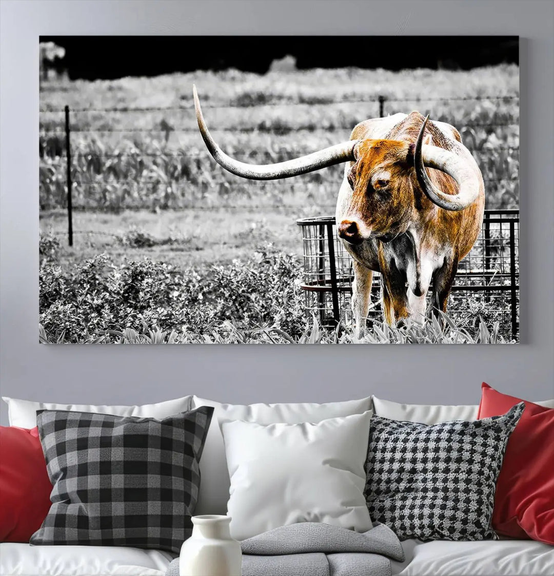 Highlighted by a striking Majestic Texas Longhorn Cow Wall Art, this rustic farmhouse décor piece adds a bold flair to the walls. Presented as a ready-to-hang canvas print, it enhances the space with its distinctive style.