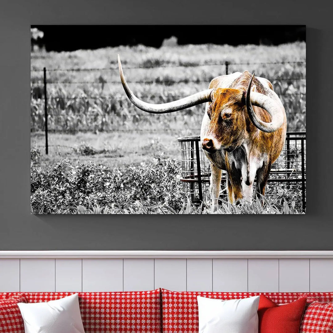 Highlighted by a striking Majestic Texas Longhorn Cow Wall Art, this rustic farmhouse décor piece adds a bold flair to the walls. Presented as a ready-to-hang canvas print, it enhances the space with its distinctive style.