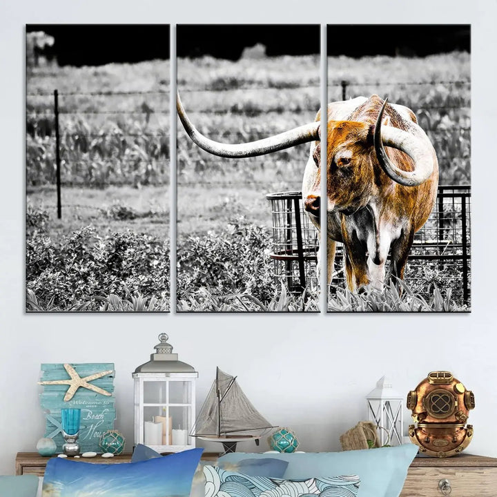 Highlighted by a striking Majestic Texas Longhorn Cow Wall Art, this rustic farmhouse décor piece adds a bold flair to the walls. Presented as a ready-to-hang canvas print, it enhances the space with its distinctive style.