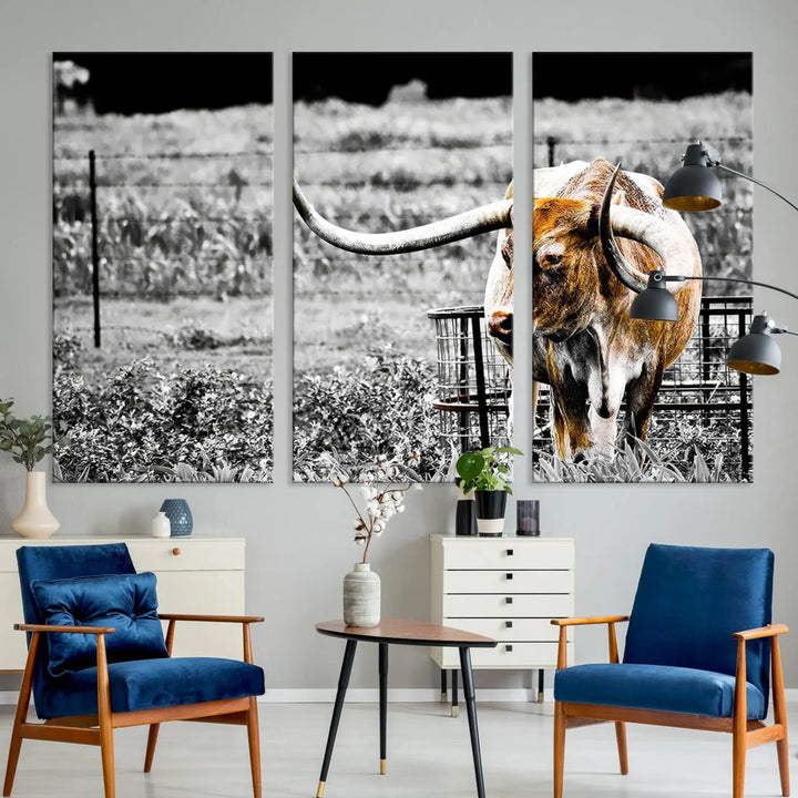 Highlighted by a striking Majestic Texas Longhorn Cow Wall Art, this rustic farmhouse décor piece adds a bold flair to the walls. Presented as a ready-to-hang canvas print, it enhances the space with its distinctive style.