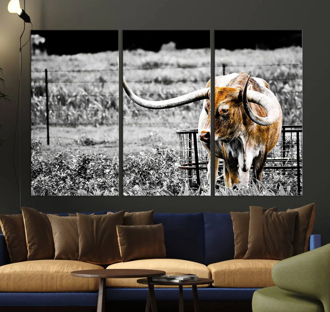 Highlighted by a striking Majestic Texas Longhorn Cow Wall Art, this rustic farmhouse décor piece adds a bold flair to the walls. Presented as a ready-to-hang canvas print, it enhances the space with its distinctive style.