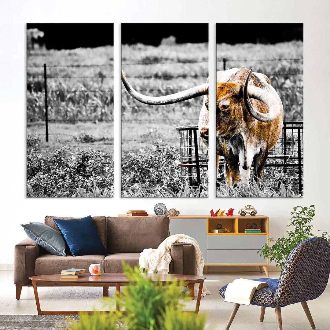 Highlighted by a striking Majestic Texas Longhorn Cow Wall Art, this rustic farmhouse décor piece adds a bold flair to the walls. Presented as a ready-to-hang canvas print, it enhances the space with its distinctive style.