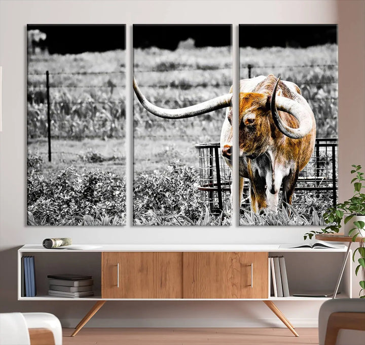 Highlighted by a striking Majestic Texas Longhorn Cow Wall Art, this rustic farmhouse décor piece adds a bold flair to the walls. Presented as a ready-to-hang canvas print, it enhances the space with its distinctive style.