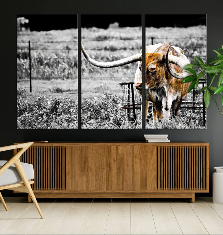 Highlighted by a striking Majestic Texas Longhorn Cow Wall Art, this rustic farmhouse décor piece adds a bold flair to the walls. Presented as a ready-to-hang canvas print, it enhances the space with its distinctive style.