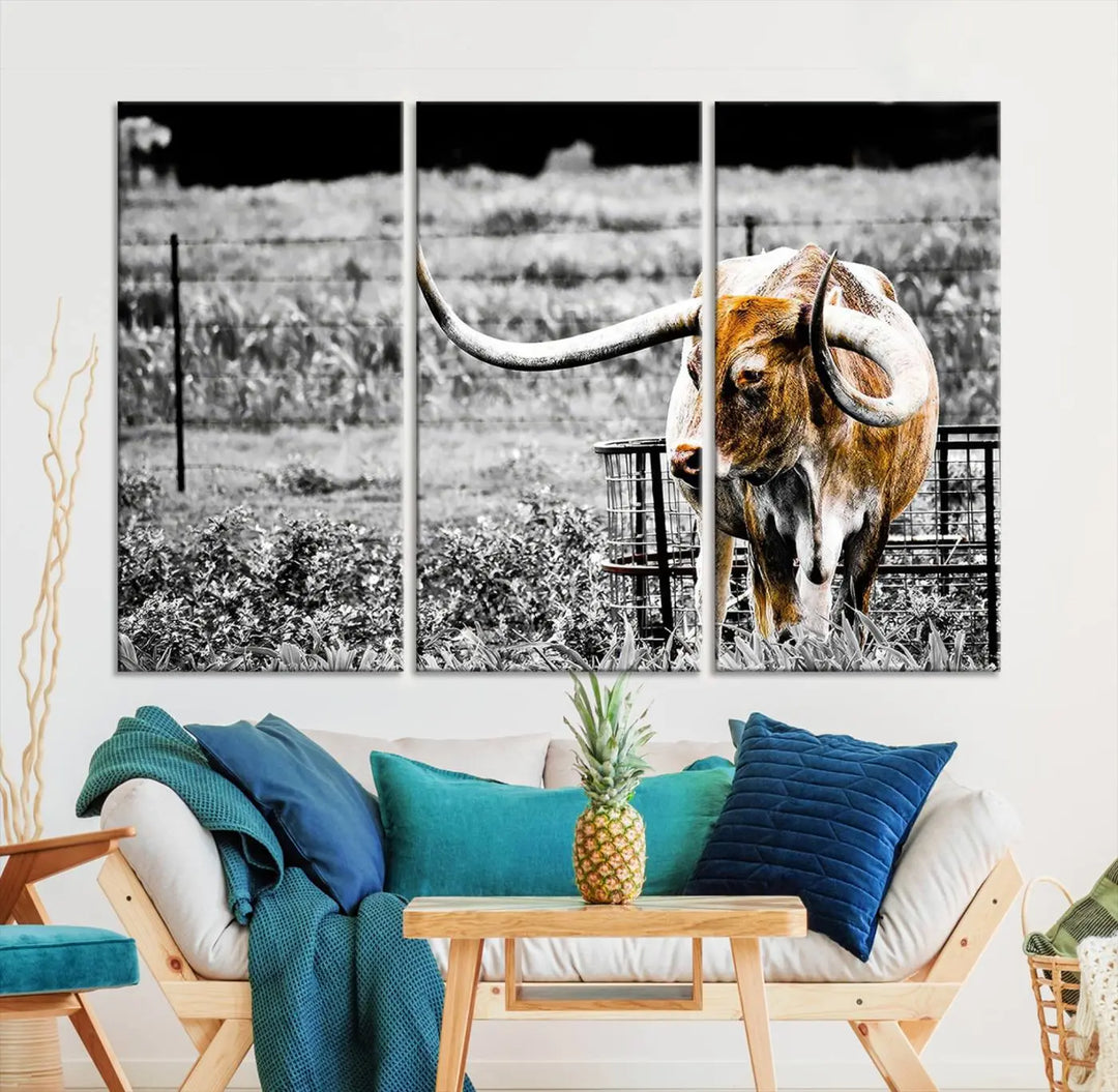 Highlighted by a striking Majestic Texas Longhorn Cow Wall Art, this rustic farmhouse décor piece adds a bold flair to the walls. Presented as a ready-to-hang canvas print, it enhances the space with its distinctive style.